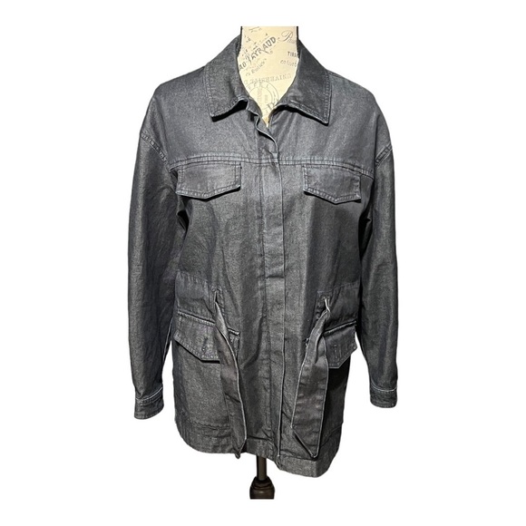 Massimo Dutti Women's Travel Jacket Black Chambray Denim Full Zip Belted Small - Picture 3 of 11